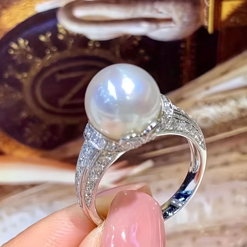 French Palace Style Pearl Copper Ring with Zirconia - Ladies
